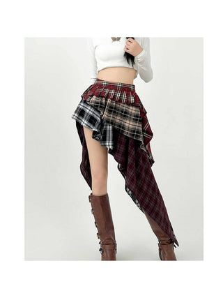 Black Asymmetric Plaid Ruffle Mini Skirt front