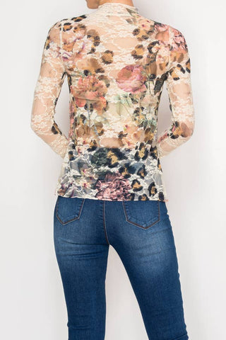 Sheer Flower Lace Mesh Long Sleeve Top – OLS-4865BG-LEO FL - Born To Glam