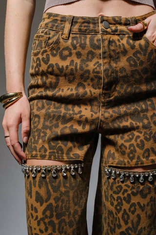 Leopard Print Cut-Out Rhinestone Jeans - Born To Glam