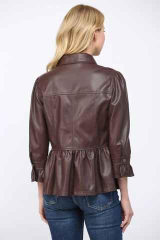 Dark Burgundy Peplum Style Faux Leather Jacket