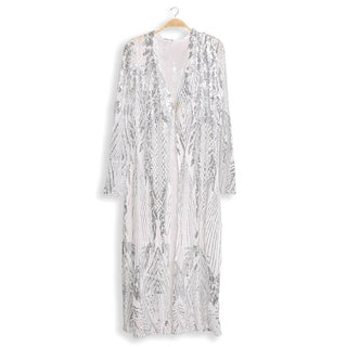 Silver Sequin Kimono Long Sequin Duster Festive Cardigan