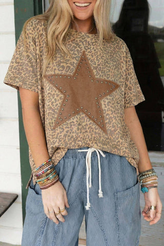Khaki Leopard Star Patch Studded Oversized Tee