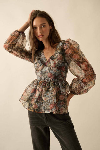 Floral-Print Organza Puff-Sleeve Peplum Top - Born To Glam