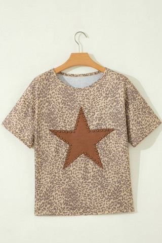 Khaki Leopard Star Patch Studded Oversized Tee — view 4