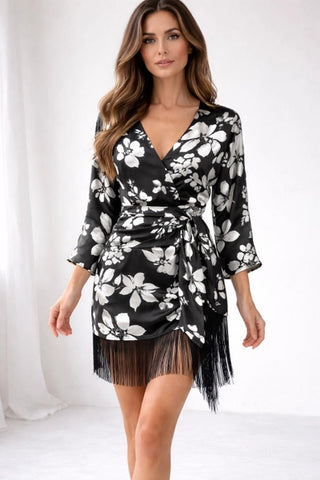 Black Floral Fringe Mini Dress