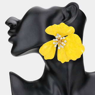 Oversized Stone Bud Enamel Petal Flower Earrings - Born To Glam