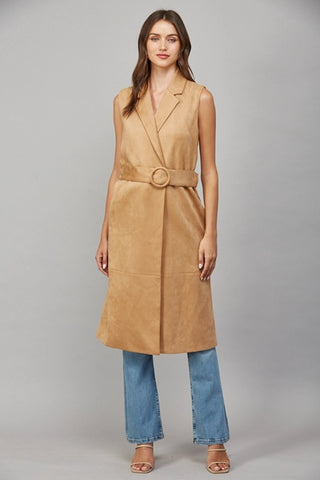 Camel Faux Suede Belted Vest