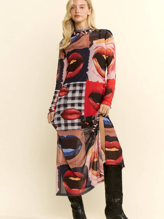 Black Collage Lip Print Mesh Dress
