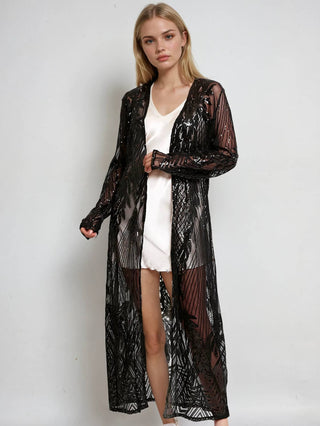 Black Sequin Kimono Long Sequin Duster Glitter Cardigan