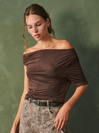 Brown Asymmetric Shirring Off-Shoulder Top