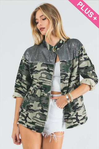 Camo Sequined Long Sleeve Button Jacket - Born To Glam