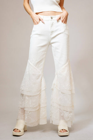 Mid Rise Lace Tiered Flare Denim Jeans - Born To Glam