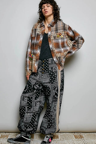 Brown Patchwork Plaid Embellished Top