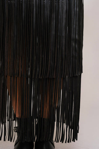 Black Faux Leather Tiered Fringe Maxi Skirt - Born To Glam
