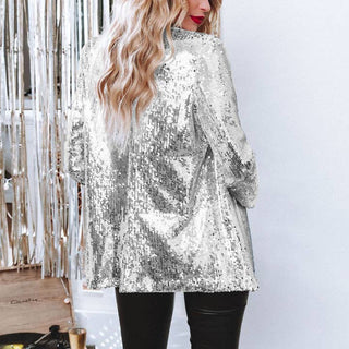 Sequin Blazer Sparkle Long Sleeve Open Front Silver