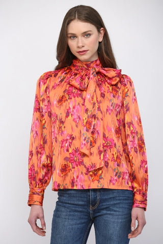 Orange Satin Floral Tie Neck Blouse