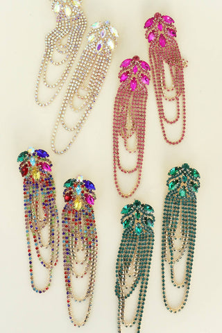 Rhinestone Crystal Embellished Chain Loop Tassel Earrings - Born To Glam