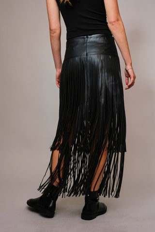 Black Faux Leather Tiered Fringe Maxi Skirt - Born To Glam
