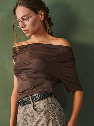 Brown Asymmetric Shirring Off-Shoulder Top