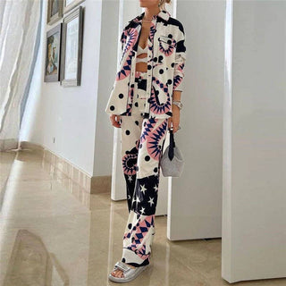 Printed Button Blouse & Wide-Leg Pants Set