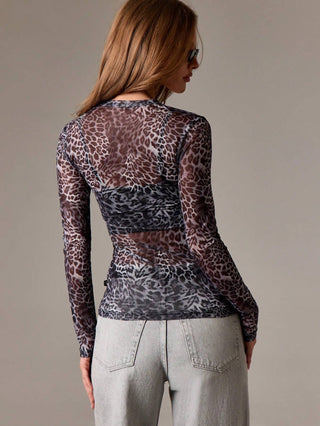 Leopard Print Mesh Slim Fit Top - 1