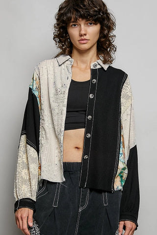 Black Contrast Floral Printed Woven Shirt Top