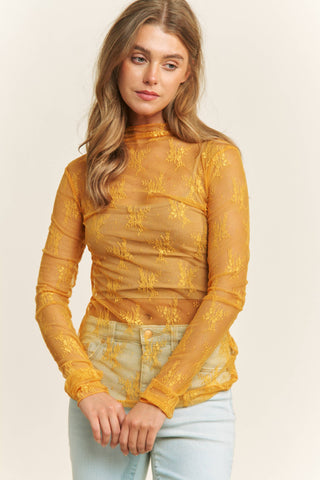 Mesh Lace High Neck Design Long Sleeve Fitted Top - Born To Glam