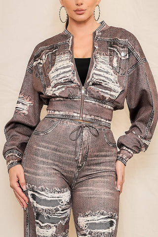 Denim Effect Zip-Up Jacket - Born To Glam