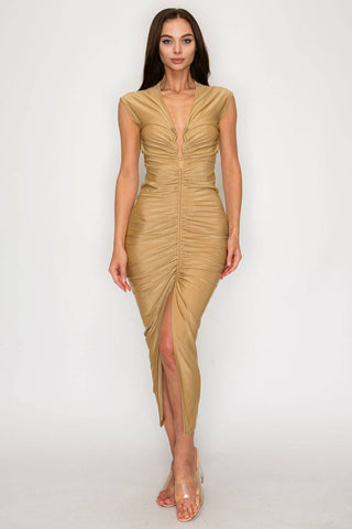 Tan V-Neck Shirring Midi Dress