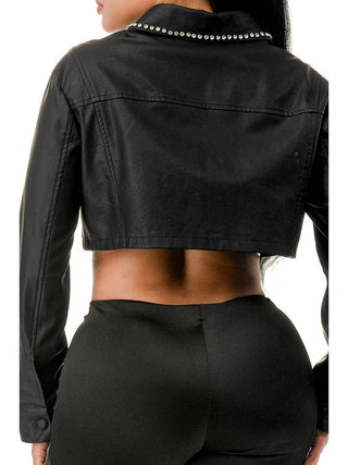 Black Jewel Trim Long Sleeve Cropped Faux Leather Jacket – supplier view 5