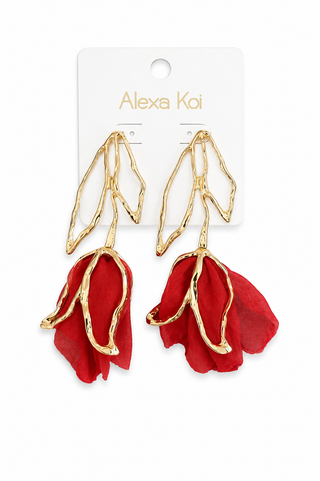 Gold Abstract Red Rose Drop Earrings