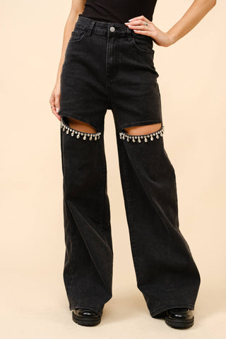 Mid Rise Crystal Slit Bottom Denim Jeans - Born To Glam