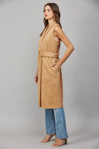 Camel Faux Suede Belted Vest