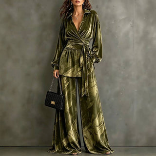 Velvet Wrap Top Wide Leg Pants Two Piece Set Olive