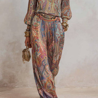 Multicolor Paisley V-Neck Top and Wide Leg Pants Set — view 2