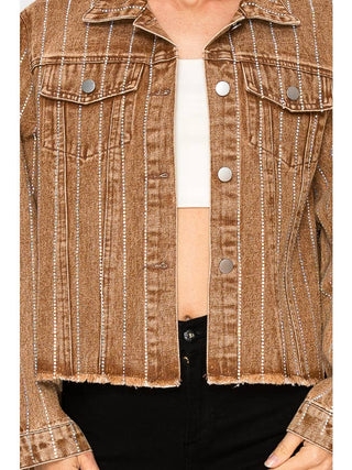 Chocolate Brown Crystal Stripe Denim Jacket - Born To Glam