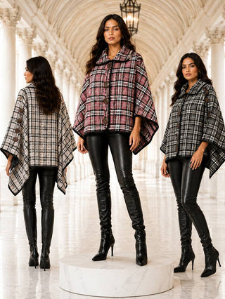 Plaid Button-Front Capelet Poncho with Cowl Neck Brown