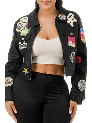 Black Embroidered Patch Long Sleeve Faux Leather Jacket – supplier photo 4