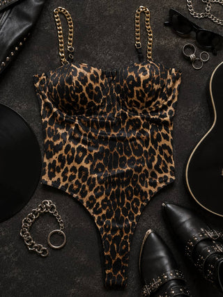 Leopard Print Bodysuit with Gold Chain Straps | Rock & Roll Bustier Top