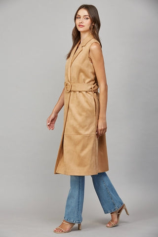Camel Faux Suede Belted Vest