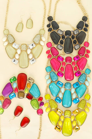 Crystal Gemstone Bib Necklace Set - Born To Glam