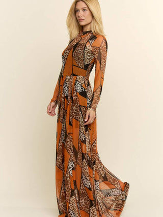 Orange Combo Patchwork Leopard Long Dress