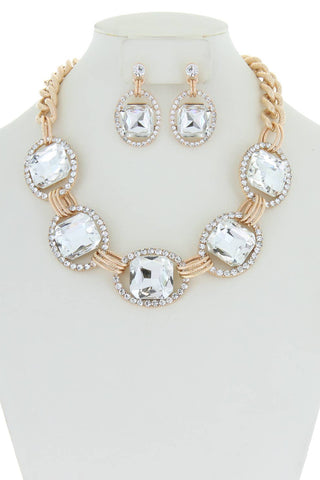 Chunky Oval Rhinestone Gem Link Necklace Set - Born To Glam