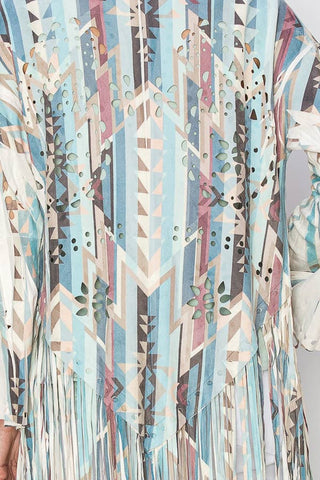 Turquoise Geo Faux Suede Fringe Cardigan - Born To Glam