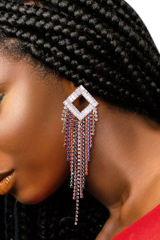 Multi Color Diamond Fringe Rhinestone Earrings - Born To Glam