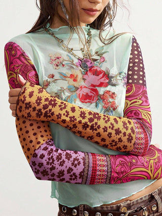 Floral Mock Neck Long Sleeve Top - Picture Color