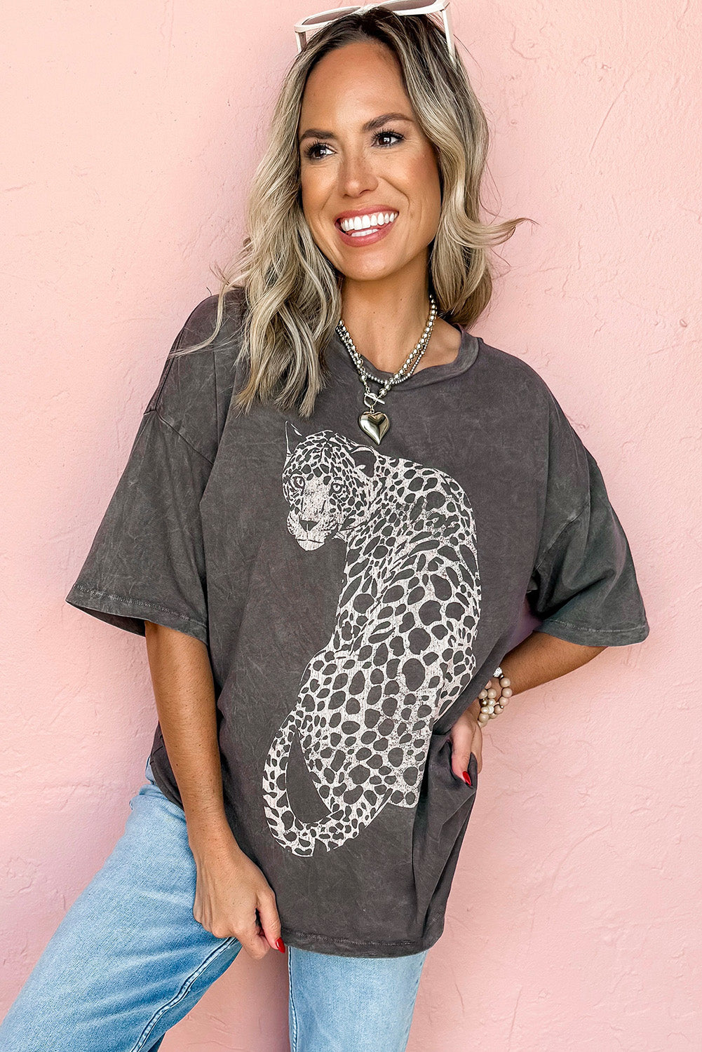 Medium Grey Vintage Cheetah Printed Mineral Wash Graphic Tee Born To Glam