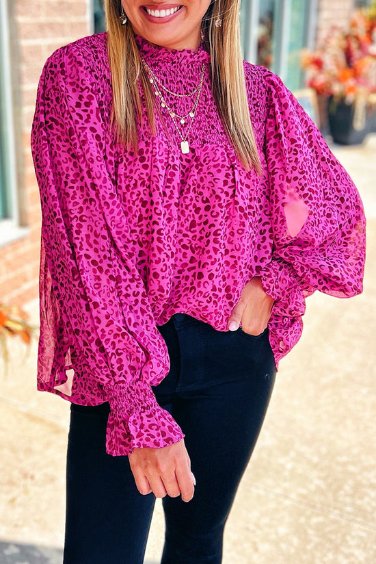 Rose Leopard Shirred Puff Sleeve Flowy Blouse Born To Glam