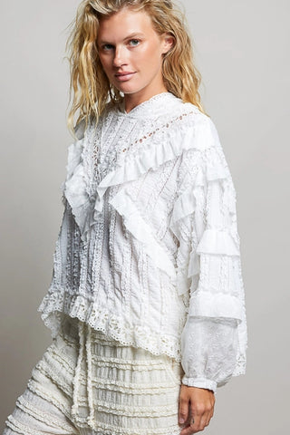 Off White Romantic Lace Ruffle Balloon Sleeve Floral Trim Hoodie