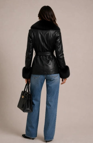 Black Velour Luxe Bordeaux Belted Leather Jacket